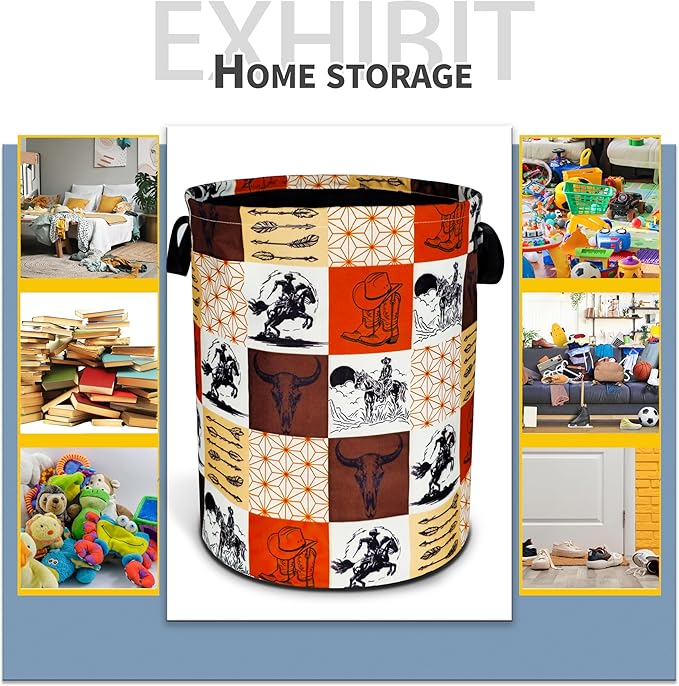 Western Cowboy Laundry Basket Cow Skull Foldable Oxford Cloth Funny Tote Bag Laundry Hamper Clothes Storage Bucket Toy Organizer For Bathroom/Laundry Storage/Bedroom 18.9x16.5 Inch