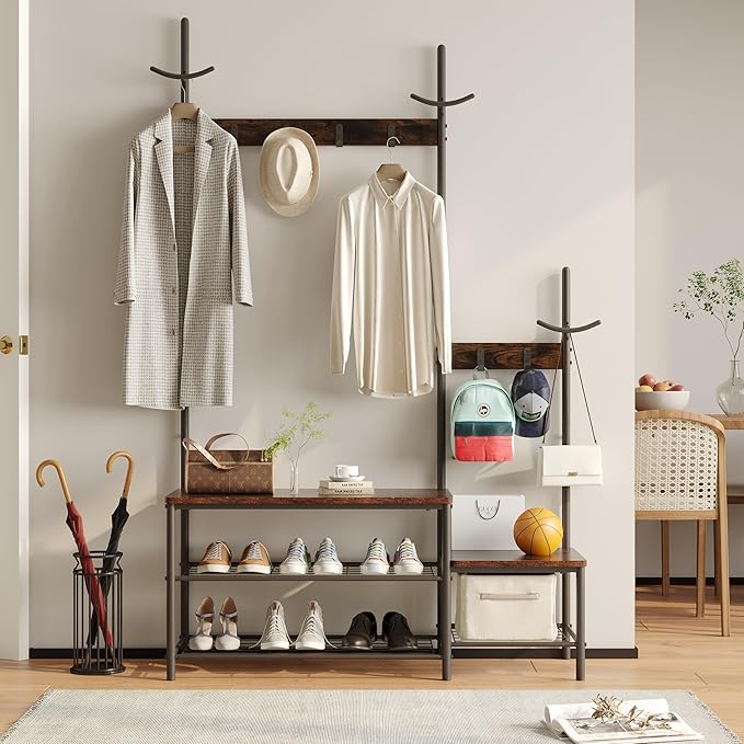 CharaVector Hall Tree Coat Rack Shoe Bench, Industrial Design, 3-in-1, Rustic Brown
