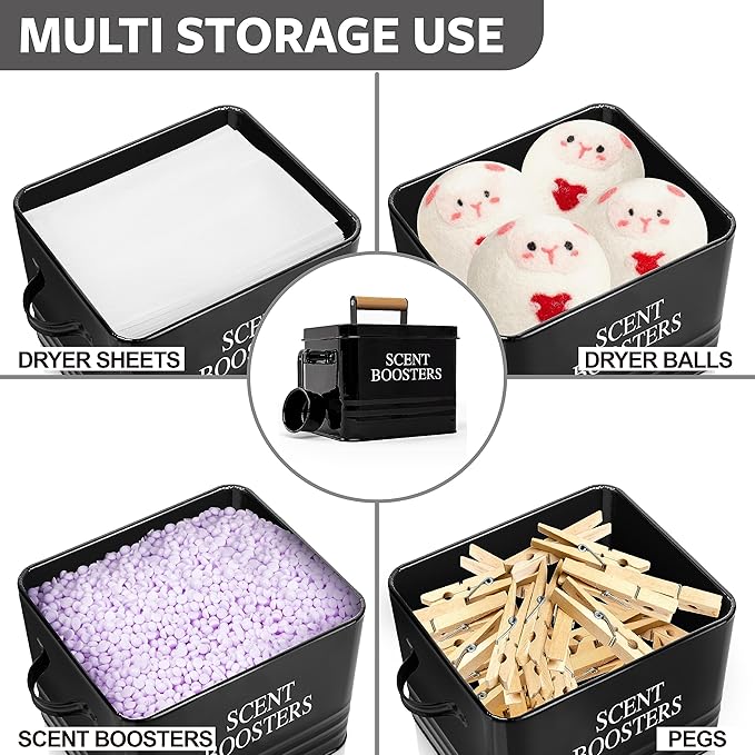 Calindiana Modern Farmhouse Metal Laundry Scent Booster Beads Dispenser Container with Scoop for Laundry Room Decor and Accessories and Space Saving Laundry Room Organization and Storage, Black