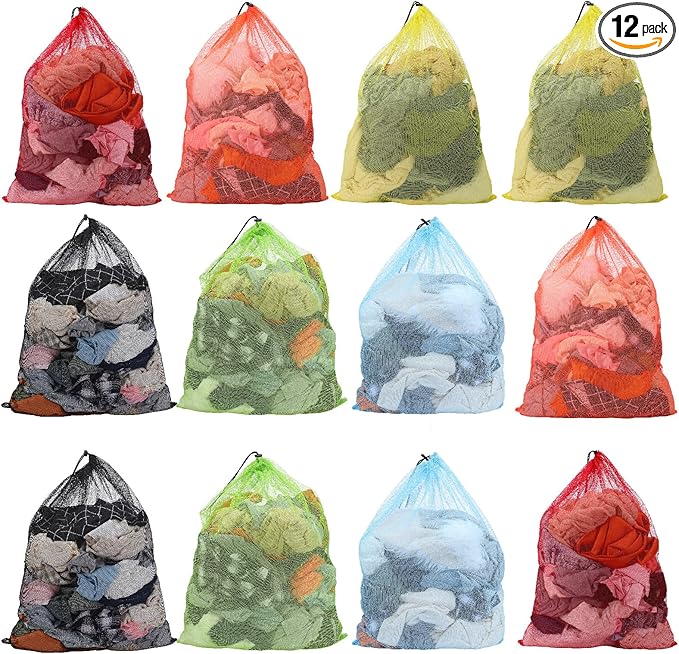 12 Pcs 24'' x 33'' Large Mesh Bags for Laundry, Wash bags, Sturdy Mesh Material Closed with Drawstring, Factory, University, Dormitory, Travel and Apartment Dweller, Color