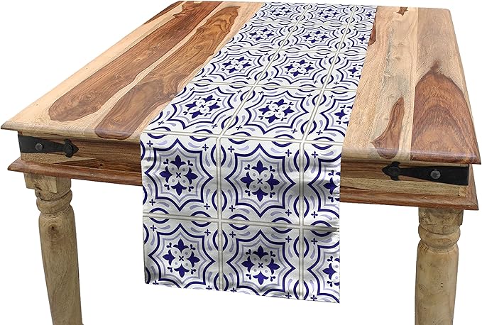 Ambesonne Navy Blue Table Runner, Portuguese Tile Design Traditional Azulejo Retro Style Mosaic, Dining Room Kitchen Rectangular Runner, 12" X 120", Violet Blue