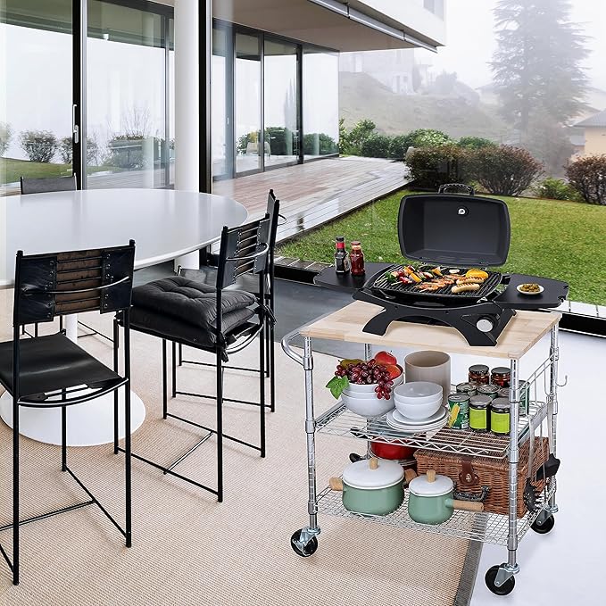 Finnhomy 3-Tier Rolling Kitchen Cart With 18" D x 30" W Oak Wood Tabletop, Kitchen Island With 4" Wheels and Slider Shelf, Microwave & Coffee Cart With Hooks for Dining Room, Chrome