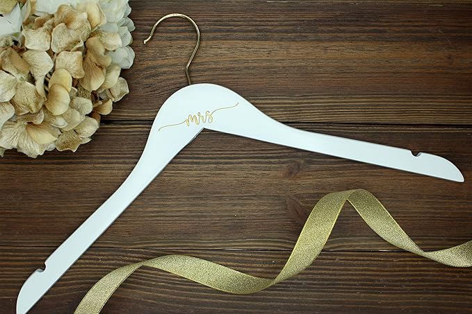 Mrs Hanger Engraved Gold | White Wood Wedding Hanger | Bridal Getting Ready Photo Prop | Wedding Dress Hanger | Bride Gift