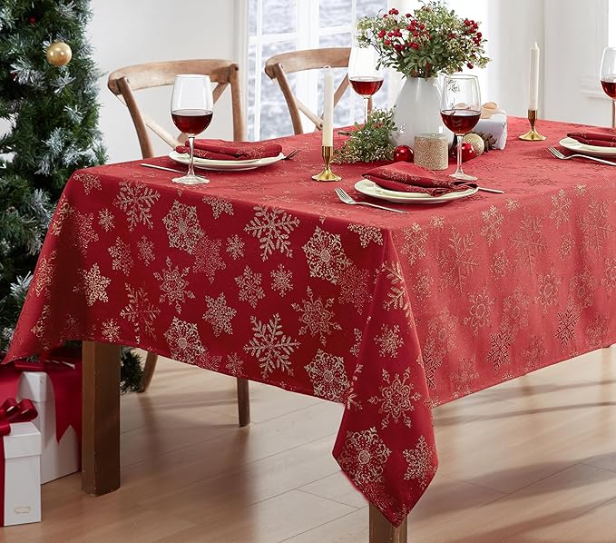 Newbridge Fancy Metallic Snowflake Christmas Fabric Tablecloth, 60 x 84 Inch Rectangle, Red Gold, No-Iron Soil Resistant Sparkling Snowflakes Woven Holiday Table Cover