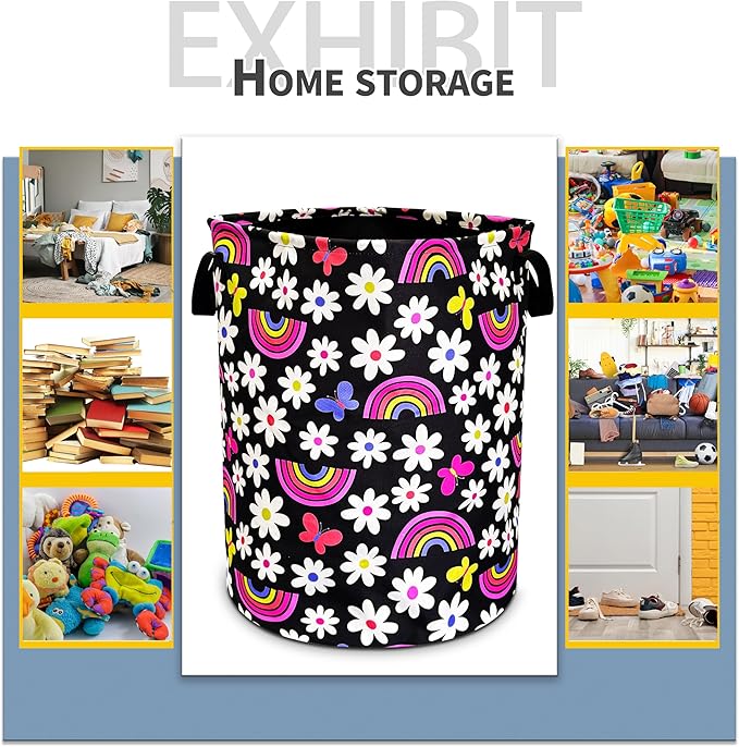 Cute Daisy Rainbow Laundry Basket Butterfly Cartoon Foldable Oxford Cloth Funny Tote Bag Laundry Hamper Clothes Storage Bucket Toy Organizer For Bathroom/Laundry/Bedroom 18.9x16.5 In