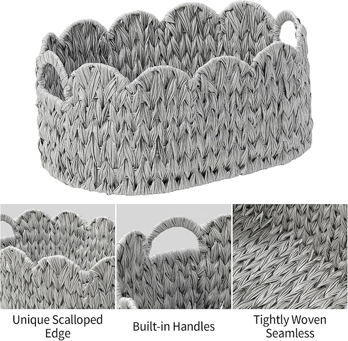 Wicker Scalloped Basket Set of 2,Woven Storage Baskets for Shelves,Closet,Laundry,Gift,Towels,Books,Toys,Waterproof Cute Decor Basket for Organizing,Grey