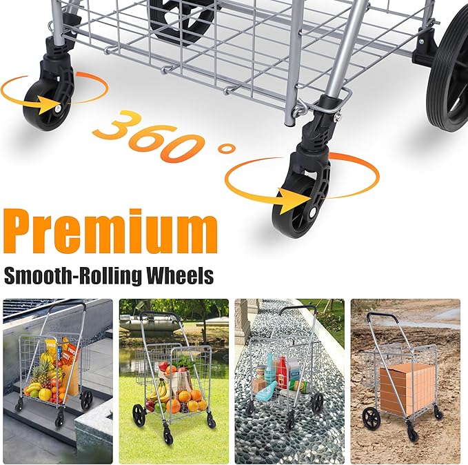 Whitmor Utility Folding Shopping Cart, 115L Heavy Duty Grocery Cart with Double Basket, 360° Swivel Wheels, Foldable Rolling Utility Trolley, 110 Lbs Capacity for Grocery, Laundry, Travel, Sliver