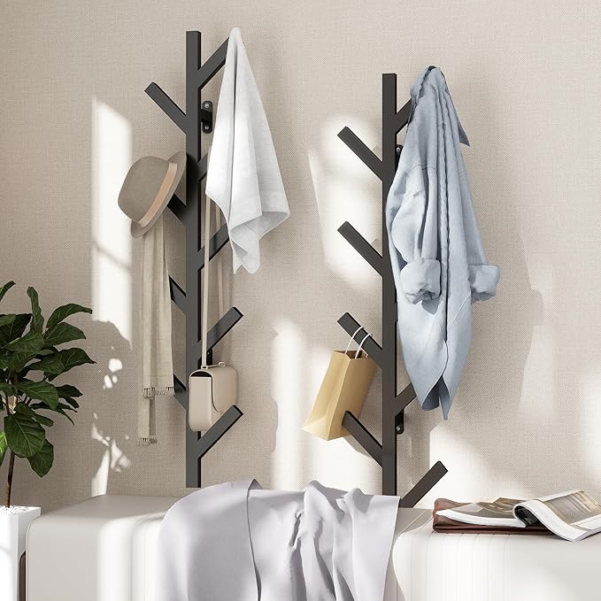 2 Pack Vertical Coat Rack Wall Mounted - 9 Hooks, Coat Hooks for Wall, Modern Metal Coat Tree for Hats, Jackets, Bags, Entryway Bedroom-Black (Height 37.8")