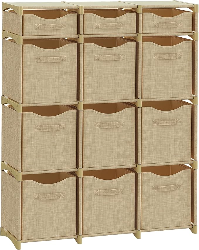 12 Cube Storage Organizer With Bins Included - Closet Storage With 12 Storage Bins - Easy To Assemble Storage Unit With Drawers - Closet Organization For Clothes, Bedroom, Nursery, & Toys (Beige)