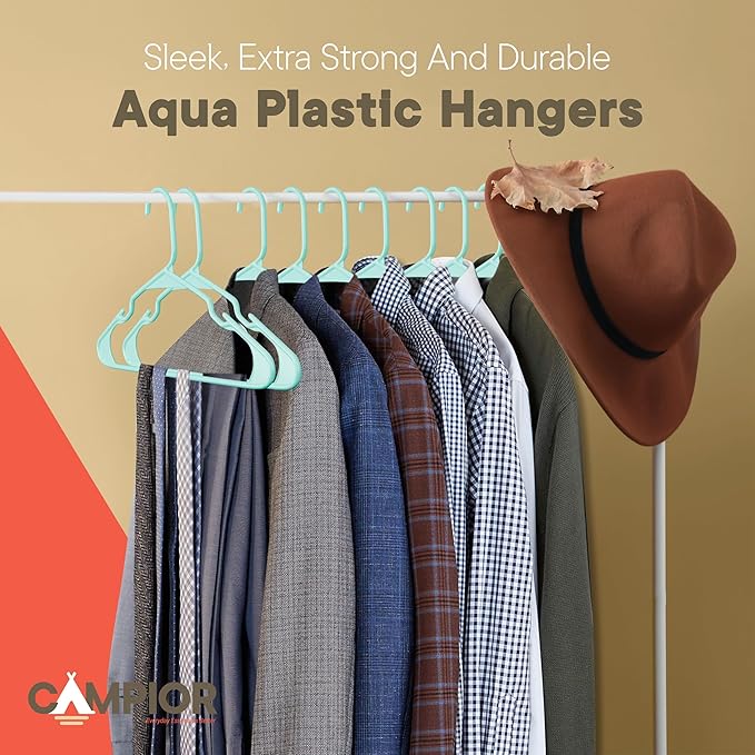 Plastic Clothes Hangers – Heavy Duty Hanger Set, for Organizing Clothes, Dresses, and Coat, Holds Up to 5 lbs, Space-Saving Hangers with Non-Slip Shoulder Grooves, Pack of 20, Aqua