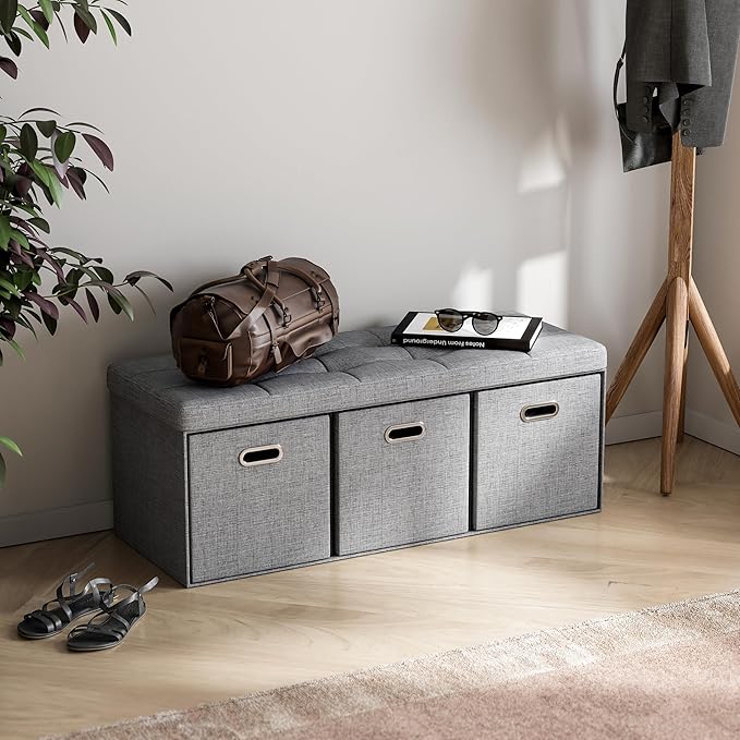 Ornavo Home Storage Ottoman with 3 Drawers, 40 Inches Long Foldable Tufted Linen Large Bench Ottoman with Storage, Foot Rest Stool Seat, for Living Room, Bedroom, Entryway, Gray