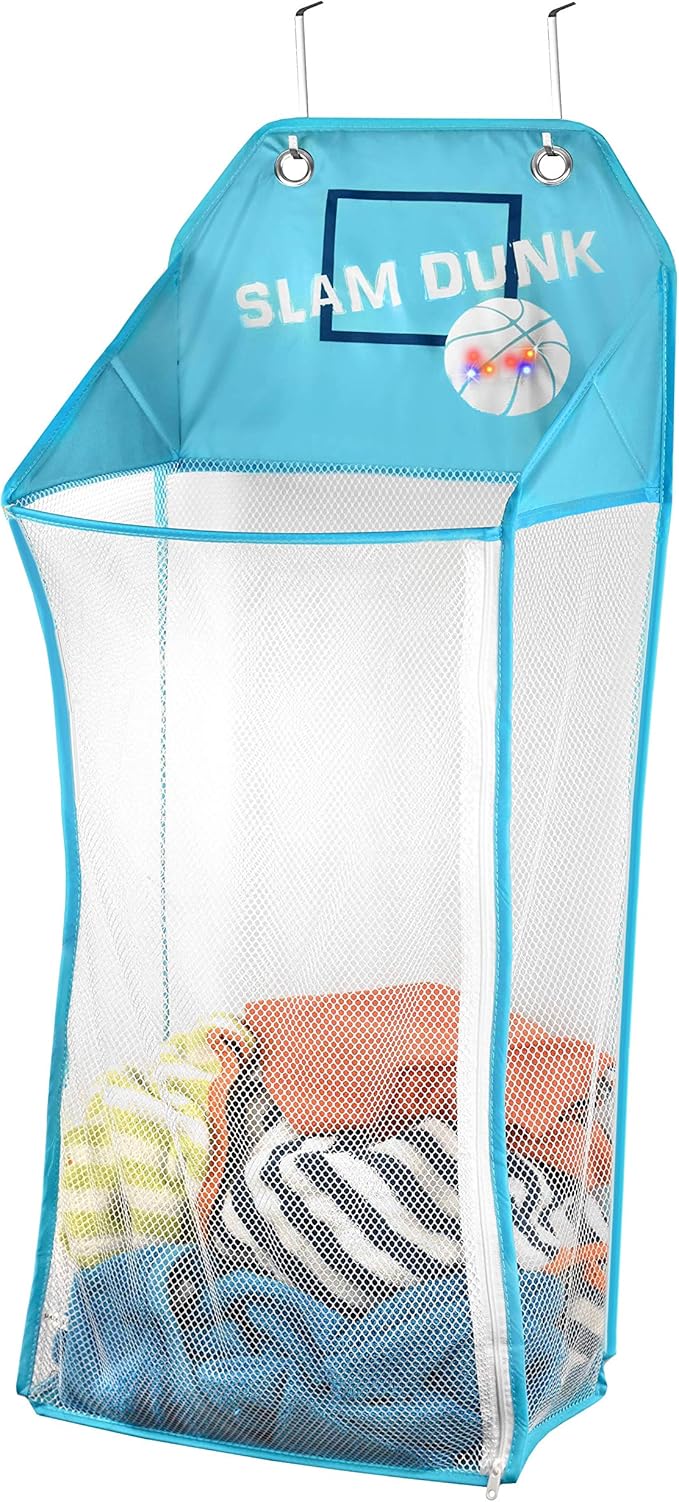 Store & Score Over The Door Hanging Kids Fun LED Basketball Light-Up Collapsible Mesh Laundry Hamper Basket, Toy Chest, Heavy Duty Metal Hooks Included. Patent Pending