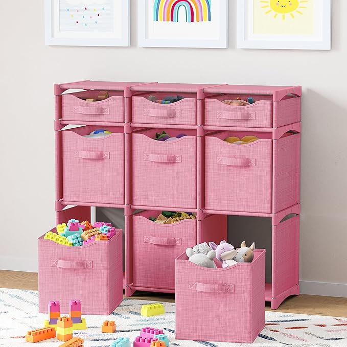 9 Cube Storage Organizer With Bins Included - Closet Storage With 9 Storage Bins - Easy To Assemble Storage Unit With Drawers - Closet Organization For Clothes, Bedroom, Nursery, & Toys (Pink)