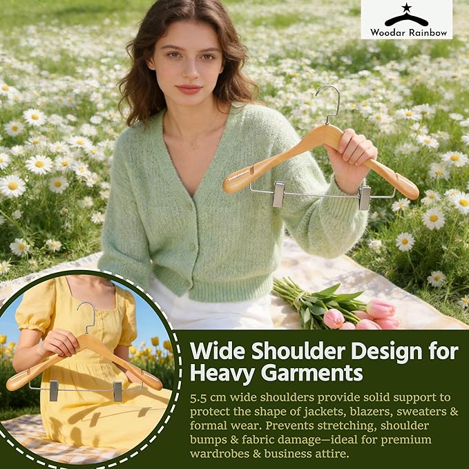 Luxury Wide Shoulder Wooden Coat Hangers with Pants Bar, Clips, Solid Wood Jacket Clothes Hangers Smooth Finish for Sweater Suit Dress Pants Sport Coats (Natural, 6 Pack)