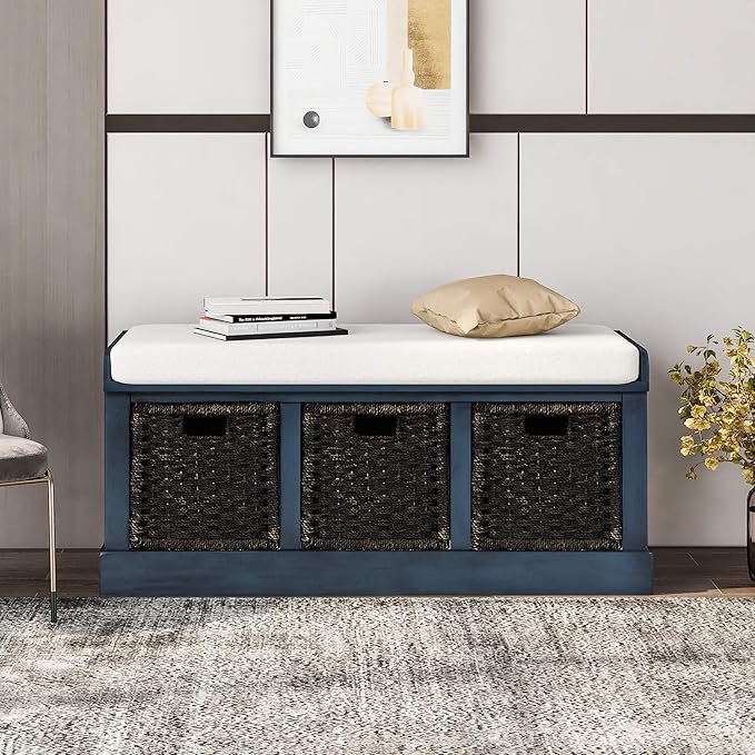 Merax Farmhouse Solid Wood Entryway Bench with Seat Cushion Multifunctional Storage Bench for Hallway Living Room Bedroom (Antique Navy)