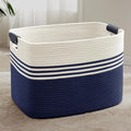 100L Extra Large Laundry Basket with Leather Handles for Living Room Storage, Woven Rope Baskets for Blanket, Kids Toy, Gifts, Wicker Hamper for Bedroom Dirty Clothes, 24"x16"x16" White Navy