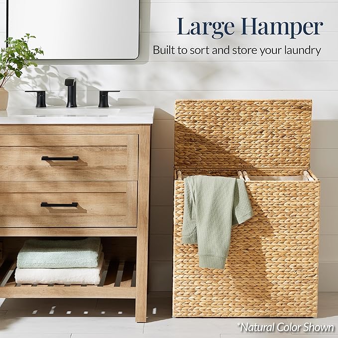 Best Choice Products Large Double Laundry Hamper with Lid, Natural Handwoven Water Hyacinth, 2 Sections w/ 2 Machine Washable Linen Liner Bags, Portable, Handles - Black