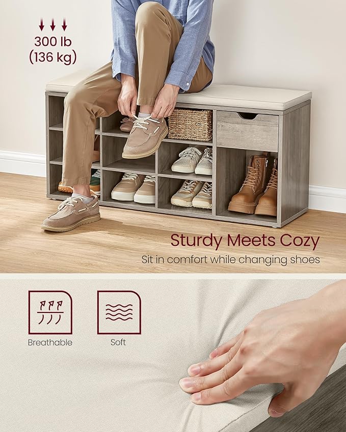 VASAGLE Custos Collection - Storage Bench, Entryway Bench with Cushion, Drawer and Open Compartments, Bench with Storage, Living Room, Bedroom, Closet, Heather Greige and Cappuccino Beige ULHS024K02