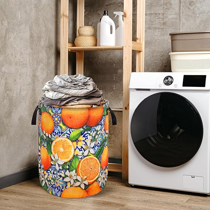 Tangerine Laundry Basket Mexican Tiles Foldable Oxford Cloth With Handle Portable Colorful Storage Basket Organizer Suitable For Laundry Room/Living Room/Children'S Room (18.9 X 16.5 Inch)