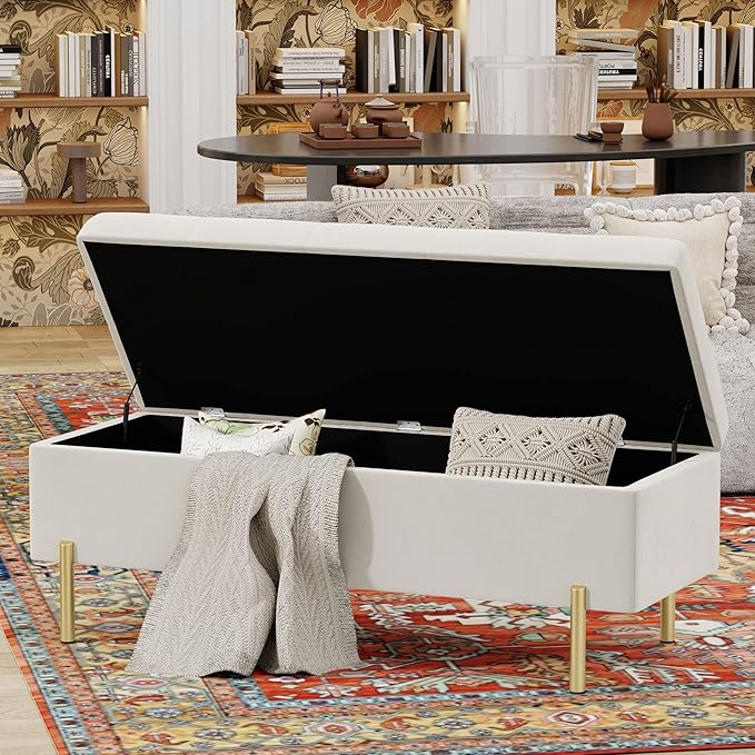 Andeworld Velvet Storage Bench, Modern Bedroom Bench, Upholstered Tufted Large Settee Ottoman with Storage Bench for Bedroom,Living Room,Entryway, Ivory