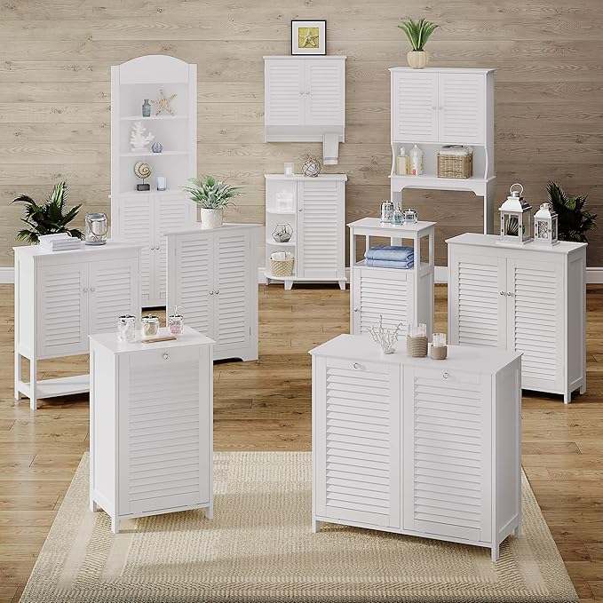 RiverRidge Ellsworth Laundry Cabinet with Tilt-Out Door, Removable Cloth Bag, Shutter Design & Polished Silver Knob Laundry Room Storage Cabinet.