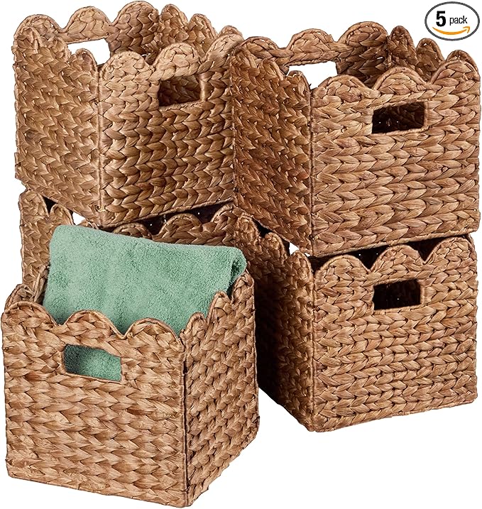 Best Choice Products 13 x 13in Scalloped Hyacinth Baskets, Rustic Set Of 5 Multipurpose Collapsible Storage Organizer, Handwoven Laundry Totes for Bedroom, Living Room, Shelves – Chestnut