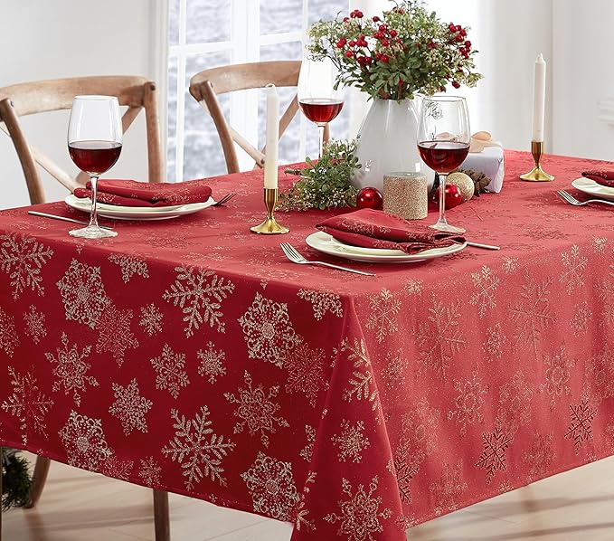 Newbridge Fancy Metallic Snowflake Christmas Fabric Tablecloth, 60 x 84 Inch Rectangle, Red Gold, No-Iron Soil Resistant Sparkling Snowflakes Woven Holiday Table Cover