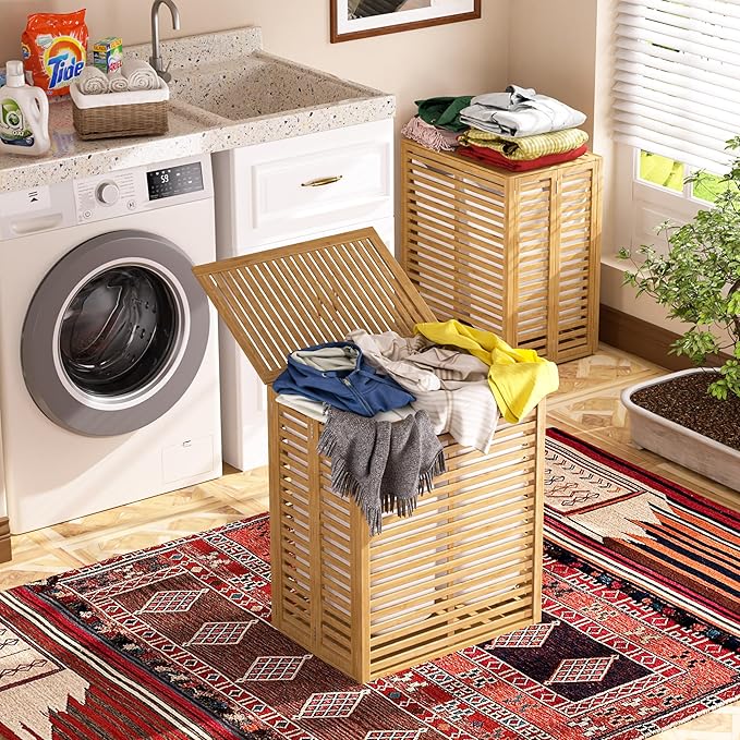 VEIKOU Hamper with Lid, Bamboo Laundry Hamper 2 Compartment, Divider Dirty Clothes Hamper, 120L Large Foldable Laundry Hamper with Removable Liners Bags