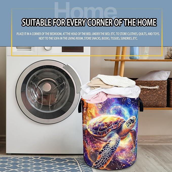 Sea Turtle Laundry Basket Galaxy Space Foldable Waterproof Oxford Cloth Funny Tote Bag Laundry Hamper Clothes Storage Bucket Toy Organizer For Bathroom/Laundry Storage/Bedroom 18.9x16.5 Inch