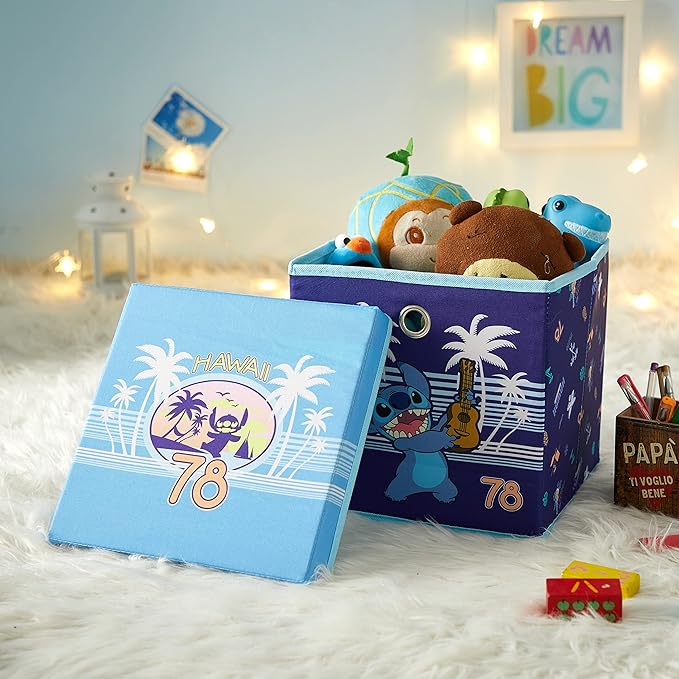 Lilo & Stitch Collapsible Storage Cube with Removable Lid,10"x10"x10" Fabric Organizer Bin for Kids’ Toys, Clothes & Accessories, Bedroom or Playroom Storage Box
