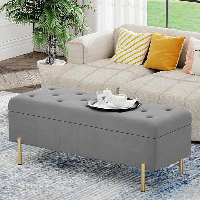 Andeworld Velvet Storage Bench, Modern Bedroom Bench, Upholstered Tufted Large Settee Ottoman with Storage Bench for Bedroom,Living Room,Entryway,Grey
