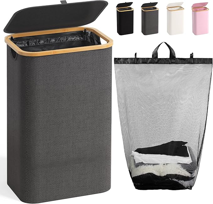 100L Laundry Hamper with Lid, Large Laundry Basket with Bamboo Handles, Clothes Hampers for Laundry with Removable Bag, Dirty Clothes Hampers for Bedroom Aesthetic, Grey