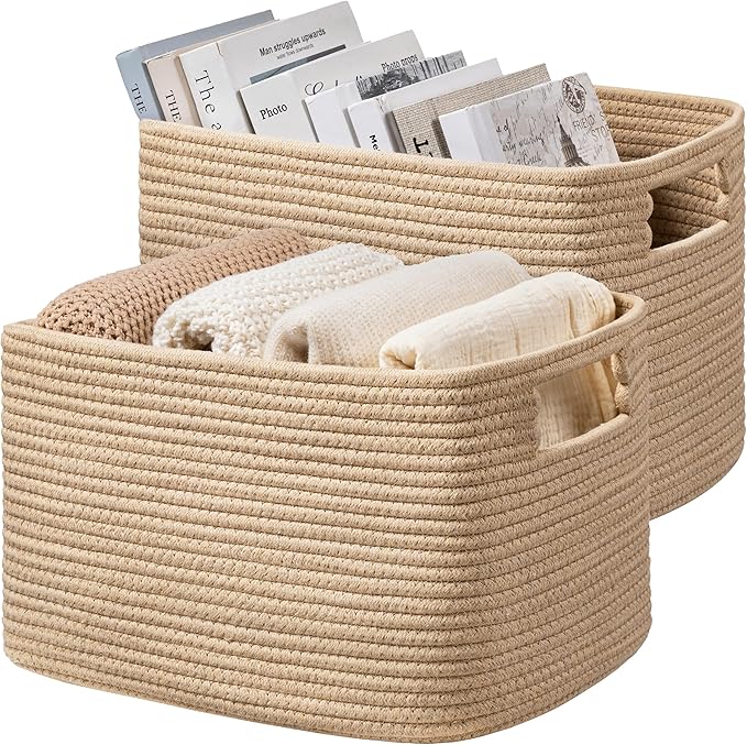 UBBCARE 2 Pack Storage Baskets for Organizing, Shelf Baskets with Handles, Woven Storage Baskets for Bookcase/Cube Shelf/Closet, 14.5"L x 9.8"W x 9"H, Brown