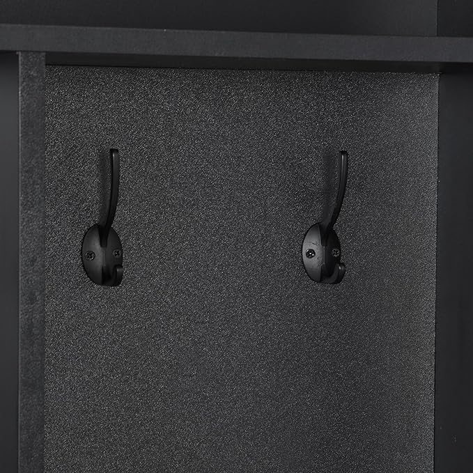 Modern Hall Tree with Storage Bench, Minimalist Shoe Cabinet with Cube Storage & Shelves, Multifunctional Coat Rack with 8 Hooks for Entryways Mudroom Hallway (Black + Particle Board-Q13)