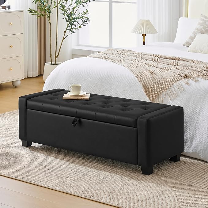 48" Ottoman with Storage, Storage Ottoman Bench with Safety Hinge, Upholstered Entryway Bench with Seating for Bedroom, Living Room, Holds up to 330 lb, Light Black