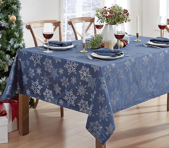 Newbridge Fancy Metallic Snowflake Christmas Fabric Tablecloth, 52 x 52 Inch Square, Navy Silver, No-Iron Soil Resistant Sparkling Snowflakes Woven Holiday Table Cover