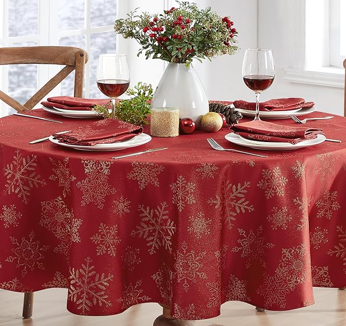 Newbridge Fancy Metallic Snowflake Christmas Fabric Tablecloth, 70 Inch Round, Red Gold, No-Iron Soil Resistant Sparkling Snowflakes Woven Holiday Table Cover