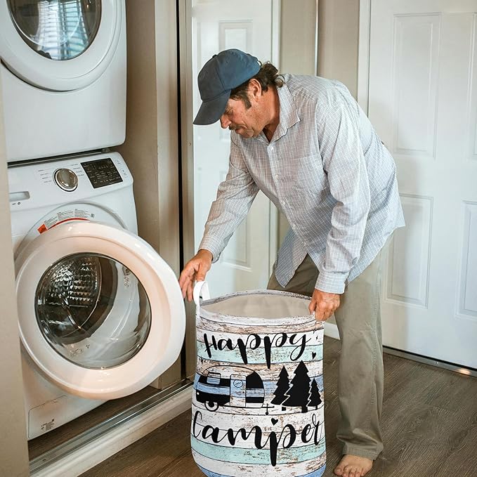 Happy Camping Laundry Basket Foldable With Handles Tote Bag Waterproof Oxford Cloth Blue Funny Laundry Hamper Clothes Storage Bucket Toy Organizer 43L For Bathroom/Laundry/Bedroom (Camping, 43L)