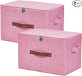 2 Pack Storage Bins with Zipper Lid Cotton Linen Fabric Lidded Storage Baskets Boxes Foldable Washable Closet Shelf Clothes Organizer Container with PU Leather Handles (Pink, Large)