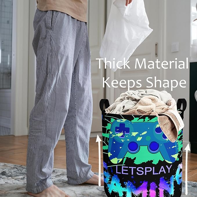 Gaming Laundry Basket with Lining Foldable Kids Laundry Hamper Light weight Clothes Storage Basket Gamepad Waterproof Room Toy Organizer Boys Girls Gift Bin for Decor (Thicken-Green gamepad, 43L)