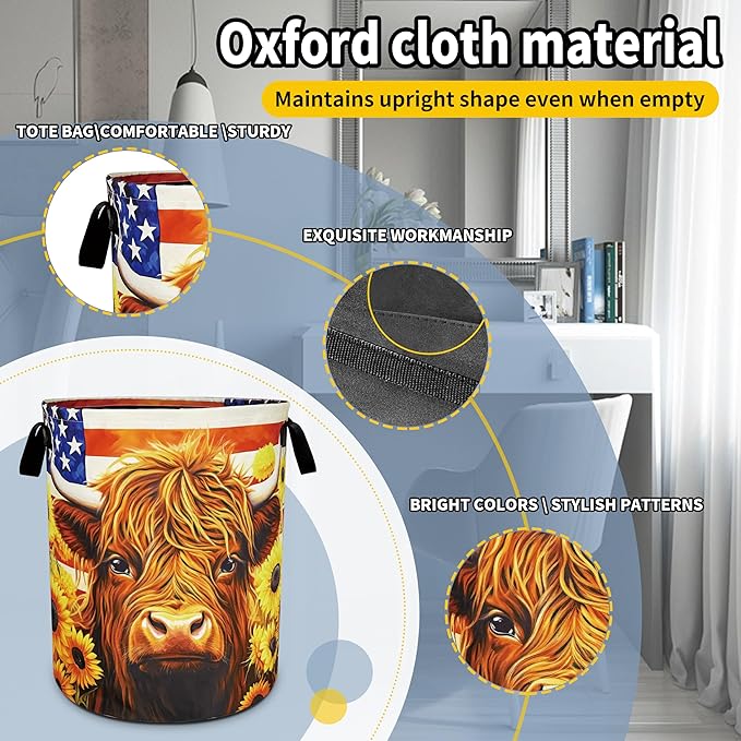 Highland cattle American flag Laundry Basket foldable Oxford Cloth Funny Tote Bag Laundry Hamper Clothes Storage Bucket Toy Organizer For Bathroom/Laundry Storage/Bedroom 18.9x16.5 Inch