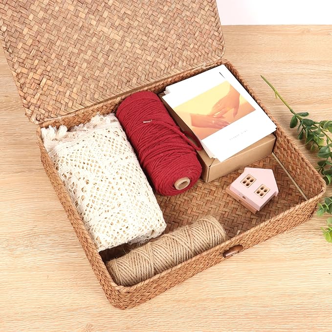 Flat Wicker Shelf Baskets with Lid, Handwoven Seagrass Basket Boxes for Storage Baskets Bins Home Decor Organizer (Coffee Set of 2)