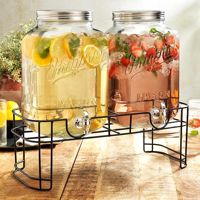 MosJos 2 GALLON Glass Drink Dispensers for Parties, Original Mason Ice Beverage Dispensers with Metal stand, Glass Water Dispenser with Spigot, Laundry Detergent Dispenser, Lemonade Dispenser Set