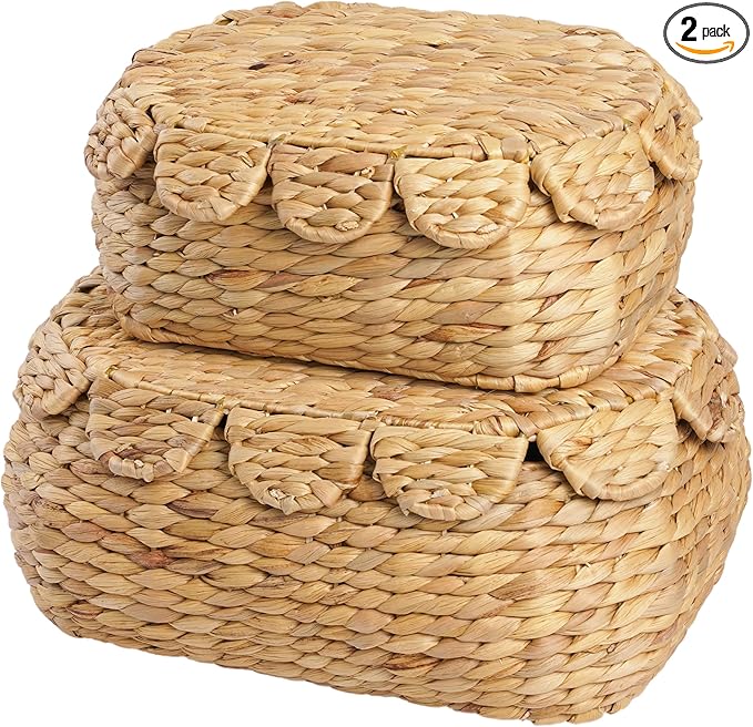 Set of 2 Wicker Storage Baskets with Lid, Rattan Basket Decorative Boxes, Woven Storage Box Hyacinth Basket with Lids, Small Scalloped Edge Wicker Baskets with Lids