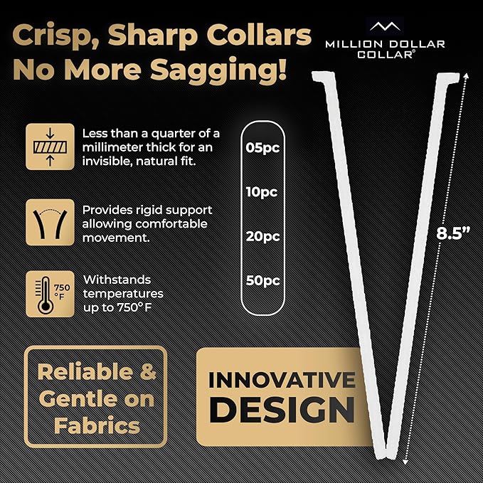 Million Dollar Collar Stays – Keep Dress Shirts Crisp & Firm, Universal Fit for Men & Women, Made from Proprietary Material