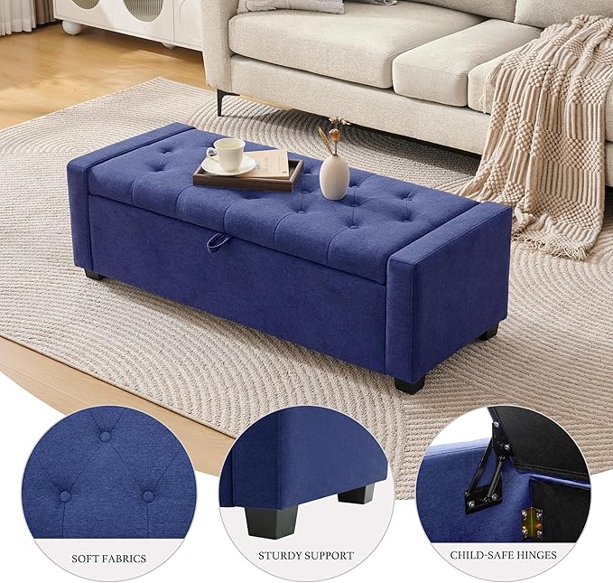 48" Ottoman with Storage, Storage Ottoman Bench with Safety Hinge, Upholstered Entryway Bench with Seating for Bedroom, Living Room, Holds up to 330 lb, Blue