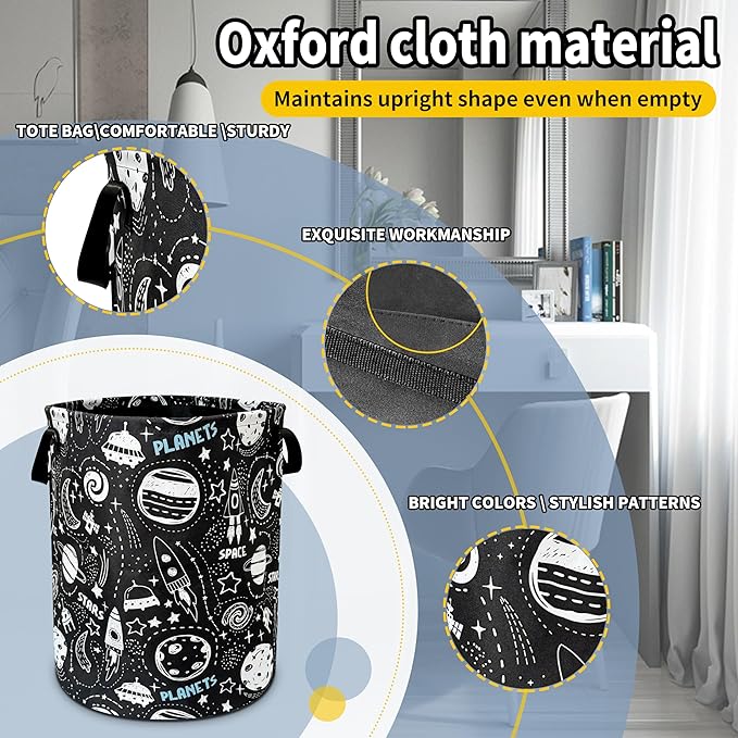 Space Planets Laundry Basket Rocket Spaceship Foldable Oxford Cloth Funny Tote Bag Laundry Hamper Clothes Storage Bucket Toy Organizer For Bathroom/Laundry Storage/Bedroom 18.9x16.5 In