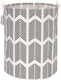 Sea Team 19.7 Inches Large Sized Waterproof Coating Ramie Cotton Fabric Folding Laundry Hamper Bucket Cylindric Burlap Canvas Storage Basket with Stylish Fishbone Black Design
