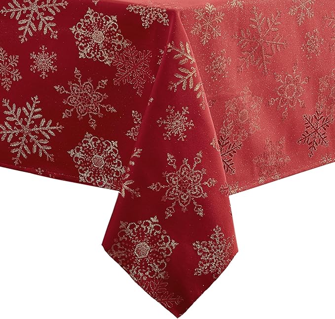 Newbridge Fancy Metallic Snowflake Christmas Fabric Tablecloth, 70 Inch Round, Red Gold, No-Iron Soil Resistant Sparkling Snowflakes Woven Holiday Table Cover