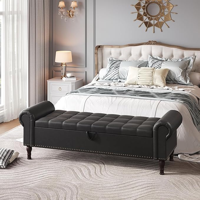 YOUDENOVA 60" Storage Bench with Rolled Arms, Upholstered Bed Bench with Vintage Rivets, PU Leather Bench for Bedroom End of Bed, Living Room, Entryway, Black